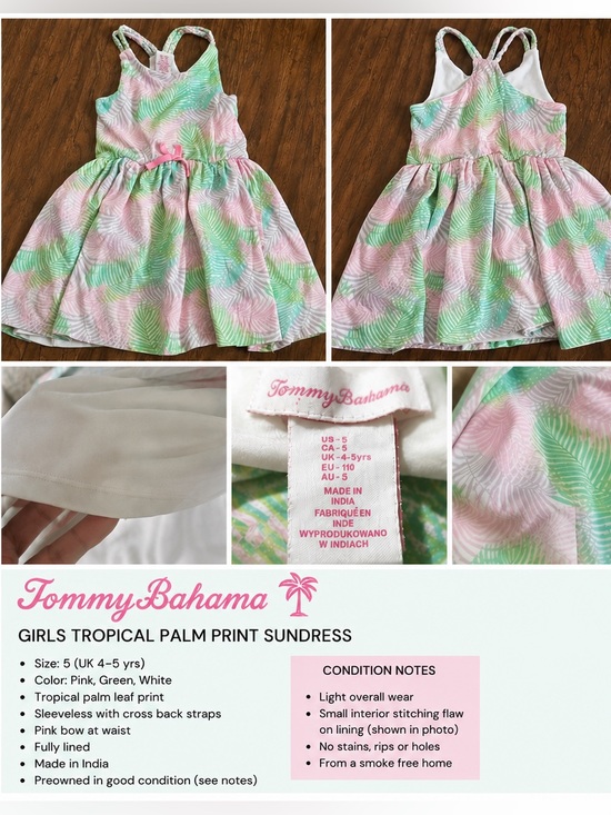 Tommy Bahama Other - Tommy Bahama Girls Tropical Palm Print Sundress Size 5 Pink Green Resort Dress